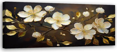Image de Toile « Fleurs blanches sur une branche » 90 x 30 Feeby Beige Image pour le mur, prête à être accrochée