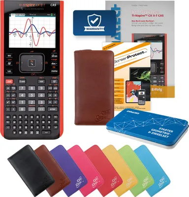 Produktbild von TI-Nspire CX II-T CAS, Tasche Rindsleder braun, Folie, Fachbuch & Zirkel Set