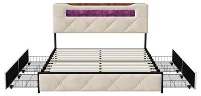 Obrázok produktu pre Postel s úložným priestorom – dvojlôžko 140 x 200 cm – čalúnená zamatom, s drevenou konštrukciou – 4 zásuvky – LED čelo s funkciou USB nabíjania – béžová