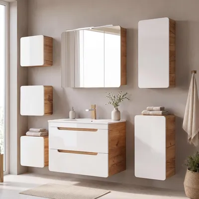 Produktbild von Badezimmer Set 7-tlg in Hochglanz weiß mit Wotan Eiche Nb. LUTON-56 mit LED-Spiegelschrank, B/H/T ca. 180/200/46 cm