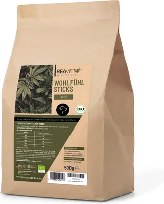 Produktbild von REAVET Hunde Leckerlis mit Hanf 500g, Wohlfühl Sticks - Natürliche Beruhigung & Entspannung bei Angst oder Stress, Hundeleckerlis