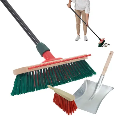 Produktbild von Novaliv Gartenbesen mit Stiel und Kratzleiste 40 cm Elaston Borsten inkl. Kehrgarnitur verzinkt mit Gummilippe bestehend aus Kehrblech & Handfeger Terassenbesen Hofbesen Stallbesen Outdoor broom