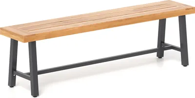 A long, narrow wooden bench with dark gray metal legs, shown against a white background.