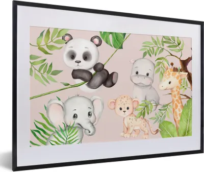 Produktbild von MuchoWow® Gerahmtes Poster Dschungel - Tiere - Rosa 60x40 cm - Poster mit Schwarzem Bilderrahmen Wandposter Rahmen Foto Bilder - Schlafzimmer - Plakat in Rahmen - Drucken