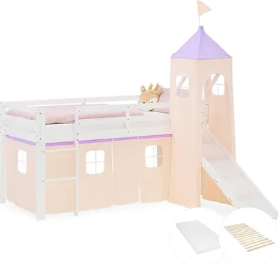 Image de Lit superposé 90x200 cm avec Toboggan Mattress Lit mezzanine en Bois Pin Massif Lit d'enfant Rideau Tour Violet Pêche