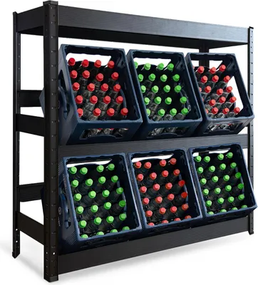 A black metal shelving unit filled with blue crates containing bottles of drinks.