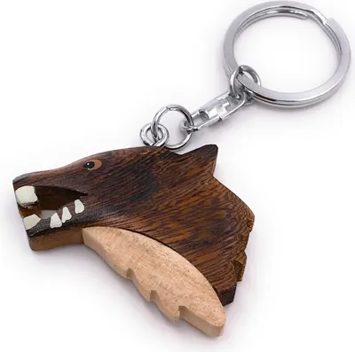 Image de Onwomania Porte-clés bois tête de loup animal dangereux prédateur chien animal de meute ongulé pendentif Charm