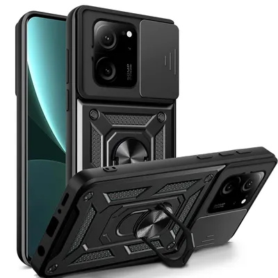 A black phone case with a camera cover and ring holder is displayed.