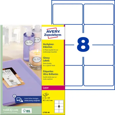 Produktbild von Avery Zweckform L7765-40, Hochglanz-Etiketten, A4, 99,1 x 67,7 mm, 320 Etiketten / 40 Bögen, weiß