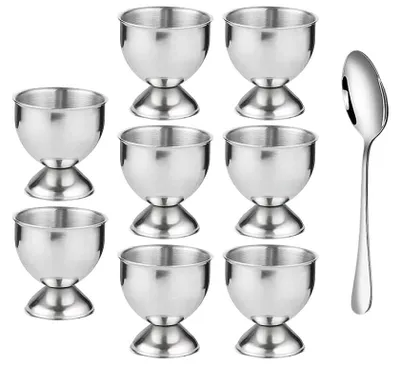 Eierbecher aus Edelstahl, 8 Stück, mit Fuß, inkl. Löffel, silber