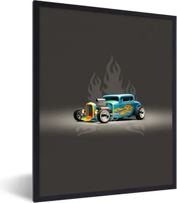 Produktbild von MuchoWow® Gerahmtes Poster Auto - Oldtimer - Flammen - Blau 60x80 cm - Poster mit Schwarzem Bilderrahmen Wandposter Rahmen Foto Bilder - Premium - Wanddeko Wohnzimmer