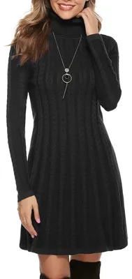 Productafbeelding van Gyabnw dames tricotjurk, wollen jurk met hoge hals, elegante A-lijn, knielengte