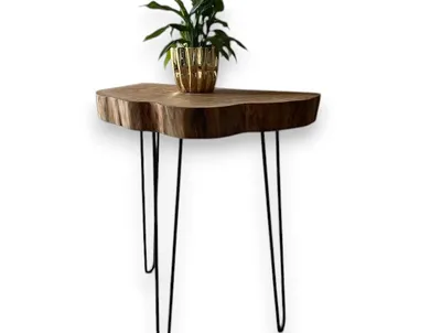 Produktbild von Beistelltisch aus halbmassiver Eichenholzscheibe auf Stahl-Haarnadelbeinen 90cm hoch, Beistelltisch zum Aufstellen an der Wand