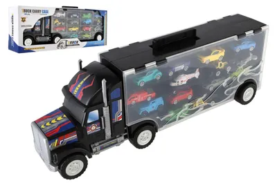 Produktbild von LKW-Transporter + 14 Transportfahrzeuge aus Kunststoff, 57 cm, zum Freilauf, in einer Schachtel (59 x 22 x 13 cm)