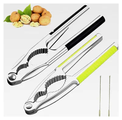 Produktbild von Nussknacker Set für Walnüsse, 4-teilig, Metall mit schwarzem und grünem Griff sowie 2 Nusspickern für Haselnüsse und Paranüsse