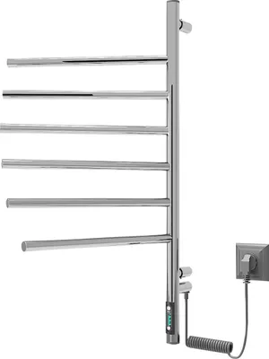 A chrome-plated electric towel rack with six rotating bars, shown against a white background. A power cord and plug are visible on the right side, along with a small digital display on the rack itself.