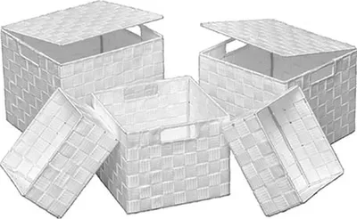 Produktbild von Aufbewahrungsbox weiss 5-teilig aus Polyester, Aufbewahrungskorb mit Deckel & Tragegriff, Praktische Organizer Boxen Platzsparend & Stapelbar für vielseitige Aufbewahrung, Aufbewahrungsset 5-teilig