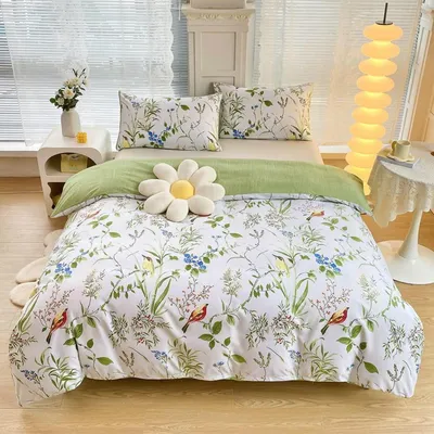 Produktbild von Bettwäsche 200x200 cm Blumen Blätter Floral Weiß Grün Mikrofaser 3-teilig mit Reißverschluss