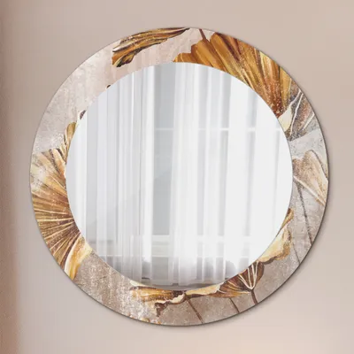 Produktbild von Modern Spiegel - Wandspiegel Design Wandmontage – Badspiegel mit Aufdruck - Rundspiegel - Golden Blätter - Runder: Ø60 cm