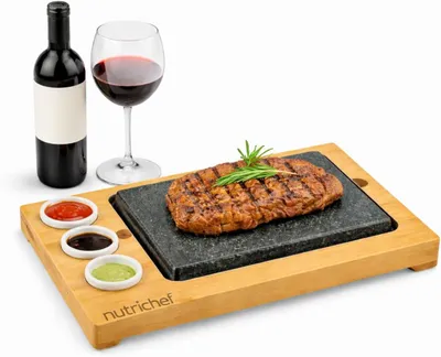 Zdjęcie produktu dla NutriChef Gorąca kamienna płyta grillowa – zestaw do grillowania stołowego z bambusa i ceramiki Idealny do steków i kolacji