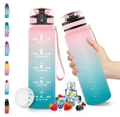 Immagine prodotto di Omgoods - Bottiglia d'acqua da 1 litro con filtro per frutta e indicatore dell'ora
