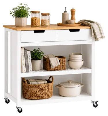 Produktbild von Relaxdays Küchenwagen, Arbeitsplatte, 2 Schublade, 2 Fächer, Sitzgelegenheit, HBT: 94x100x60 cm, Tischwagen, weiß/natur