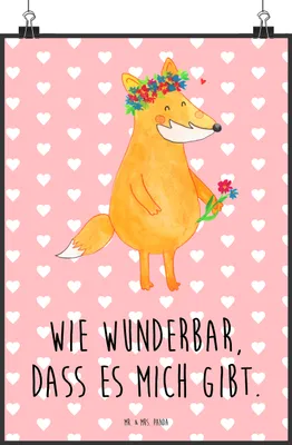 Produktbild von Mr. & Mrs. Panda Bild Fuchs Blumen DIN A2 - Rot Pastell - Geschenk, Selbstbewusst, wanddeko, Kunstdruck, drucke, Boho, Liebe, Plakat, Ich, Wandbild