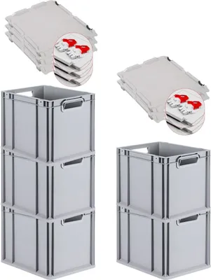 Produktbild von SuperSparSet 5x Eurobox NextGen Grip mit Scharnierdeckel und roten Schiebeschnappverschlüssen | HxBxT 32x30x40cm | 30 Liter | Grau | Griffe offen | Glatter Boden | Eurobehälter, Transportbox, Transportbehälter, Stapelbehälter