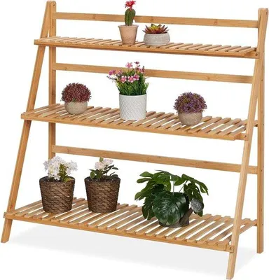Zdjęcie produktu dla Stojak na kwiaty z bambusa z 3 półkami, wymiary: 96 x 995 x 37 cm