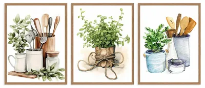 Productafbeelding van Wanddecoratie set van 3 Aquarel keukentexten met kruiden en keukengerei 30x40 cm