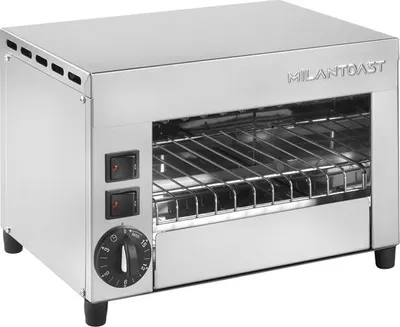 A stainless steel infrared grill toaster is shown from a front-side angle on a white background.