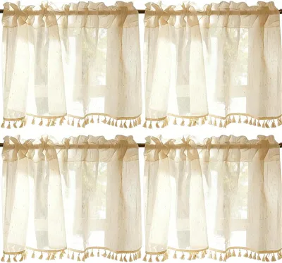 Productafbeelding van Vintage boho-gordijn met kwastjesdesign - 2 stuks Boho beige vitrage - Frans linnen - Korte gordijnen - Halftransparante gordijnen voor keuken