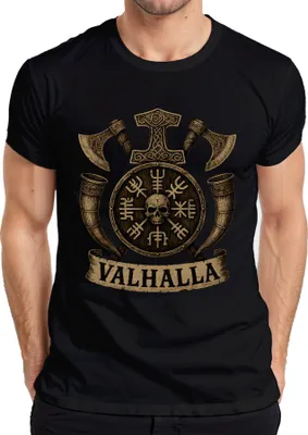 Produktbild von Wikinger Valhalla Runen Vegvisir Schild Schädel Äxte Hörner Retro Herren T-Shirt, Schwarz, XXL
