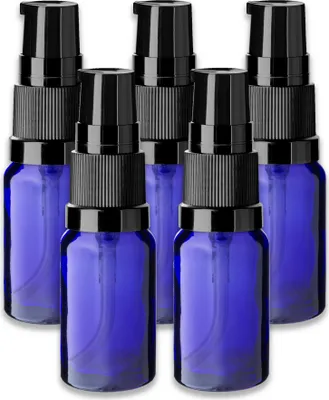 Produktbild von 5x Blaue Glasflasche 10 ml mit schwarzer Pumpe Glasfläschchen 18 mm