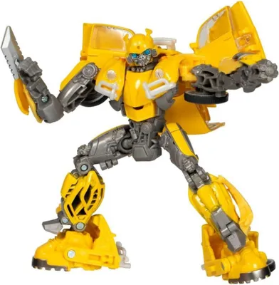 A yellow and gray robot action figure, Bumblebee from Transformers, is posed dynamically against a white background.