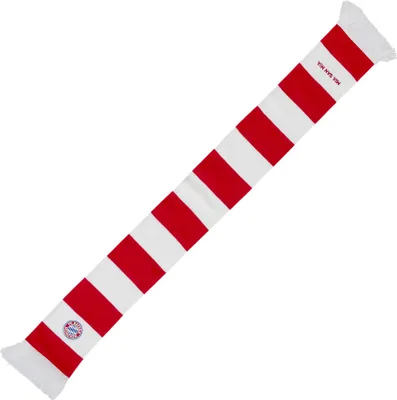 A red and white striped scarf with fringe on both ends, laid out diagonally on a white background.