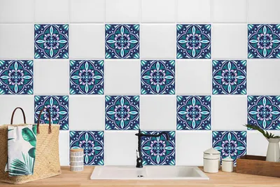 Produktbild von 24 Stück Laminierter Sticker Dekoratives Wandaufkleber für Küche und Bad  Navy Azulejo 15 x 15 cm
