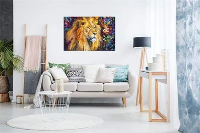 Productafbeelding van Ibenzoa® Abstract olieverfschilderij van een leeuw op canvas, 91x61 cm – handgeschilderd, UV-bestendige pigmenten, 18 mm massief grenenhouten lijst, decoratie voor de woonkamer