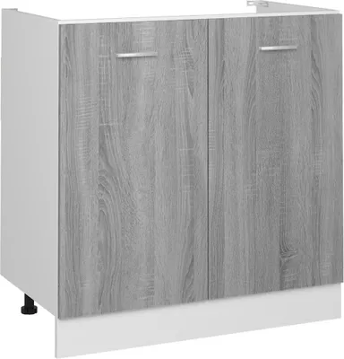 A front view of a two-door cabinet with a wood-grain finish on the doors and a white body.