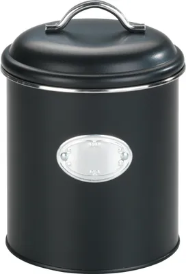 A black storage container with a silver label on a white background.