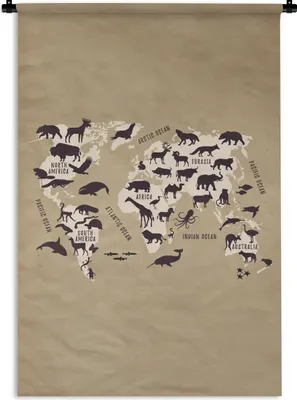 Produktbild von MuchoWow® Wandteppich Wandbehang Weltkarte - Retro - Tiere 60x90 cm Tapisserie Dekoration Wandtuch - Foto-Teppich - Abwaschbar