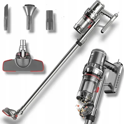 A cordless stick vacuum cleaner with various attachments, displayed against a white background.