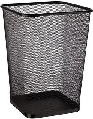 A black mesh waste bin with a solid base.