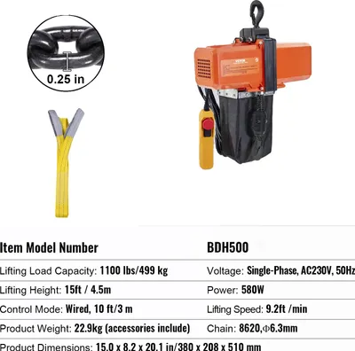 Obrázok produktu pre Elektrický reťazový kladkostroj, nosnosť 500 kg, káblové ovládanie, 1100 lbs