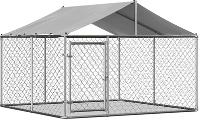 Image de Chenil pour chien Argent 230 x 230 x 117 cm avec toit, tube en acier galvanisé et porte verrouillable, résistant aux UV et à l'eau