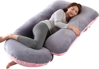Image de Coussin de grossesse, en forme de J, pour tout le corps, avec housse en velours lavable 100% coton,Rose&Gris