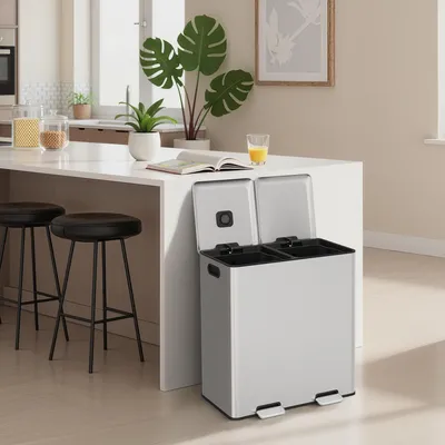 Produktbild von Mülleimer Küche, 2 x 30 L, 2 Fächer, Mülltrennsystem, Softclose, herausnehmbare Inneneimer, Pedalen, Edelstahl, metallicsilber