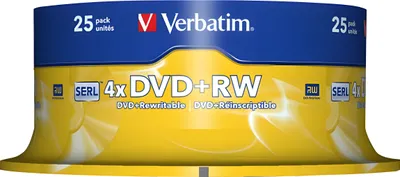 A product packaging image of a spindle of Verbatim DVD+RW discs.