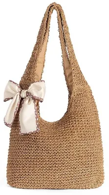 Produktbild von Ibenzoa® Geflochtene Strohtasche – handgewebte Sommer-Handtasche mit Reißverschluss, Seidenband & viel Stauraum für Strand und Alltag, natürlicher Look