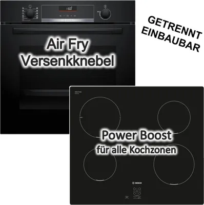 Produktbild von Bosch Herdset Einbaubackofen und Induktionskochfeld 3D Heißluft AirFry Hydrolyse PowerBoost TouchSelect